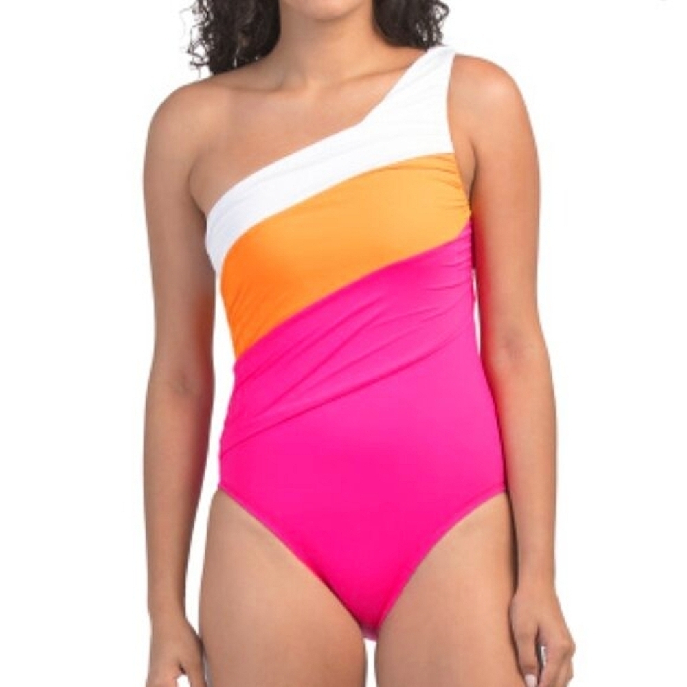 La Blanca Tangerine Shirred Color Block One Shoulder One-piece Swimsuit Size 10